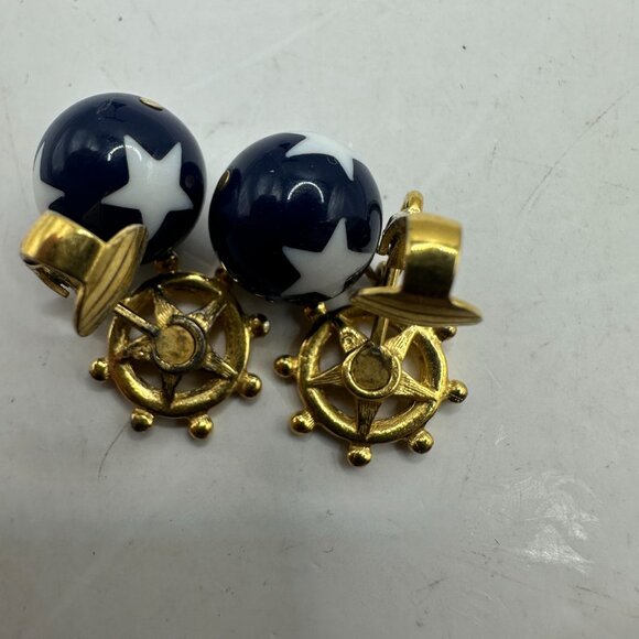 Vintage Nautical Star Clip-On Earrings Gold-Tone Helm Design Navy & White Red - Picture 3 of 4